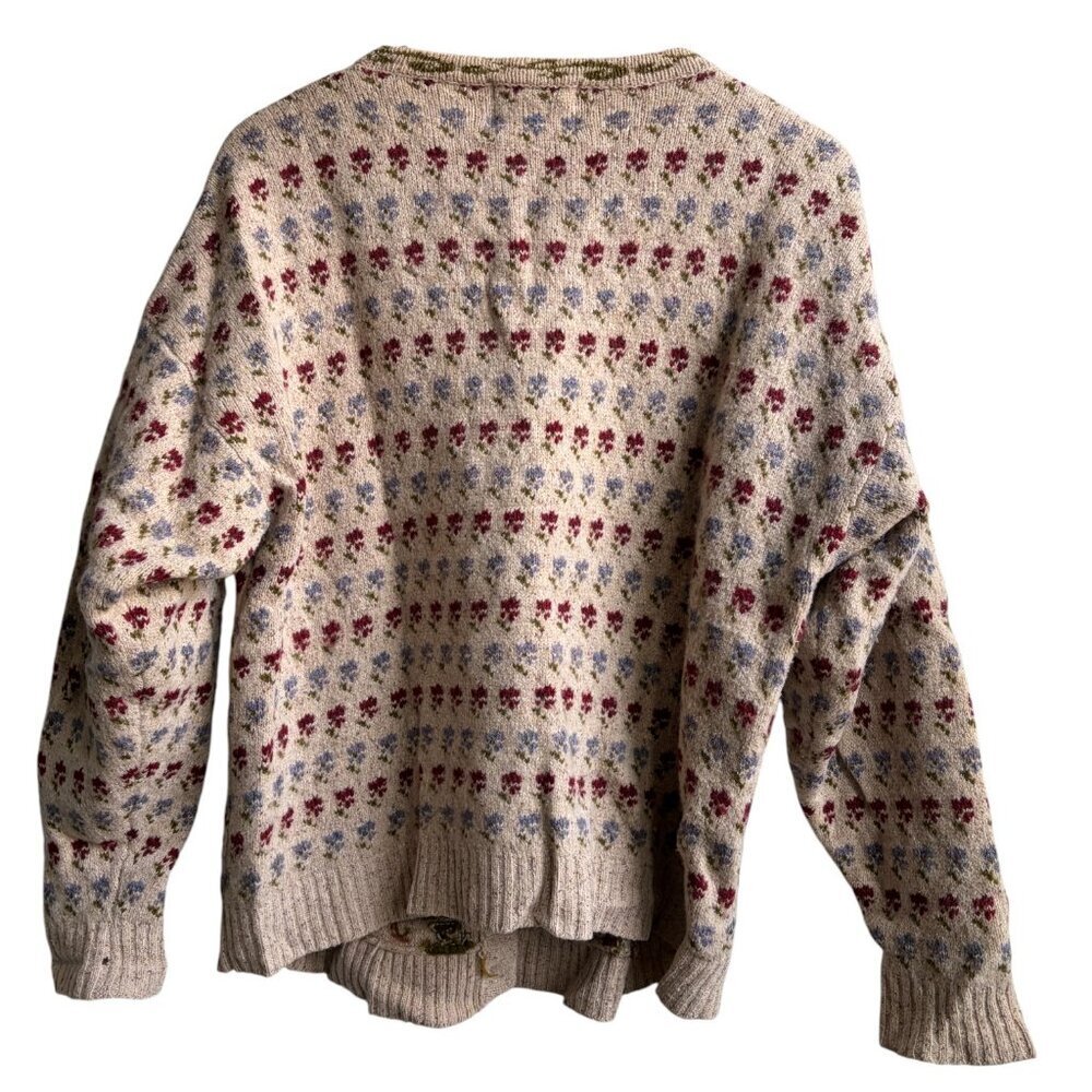 Vintage 90s Woolrich L Wool Floral Flower Embroidered Knit Cardigan Sweater - Picture 2 of 5